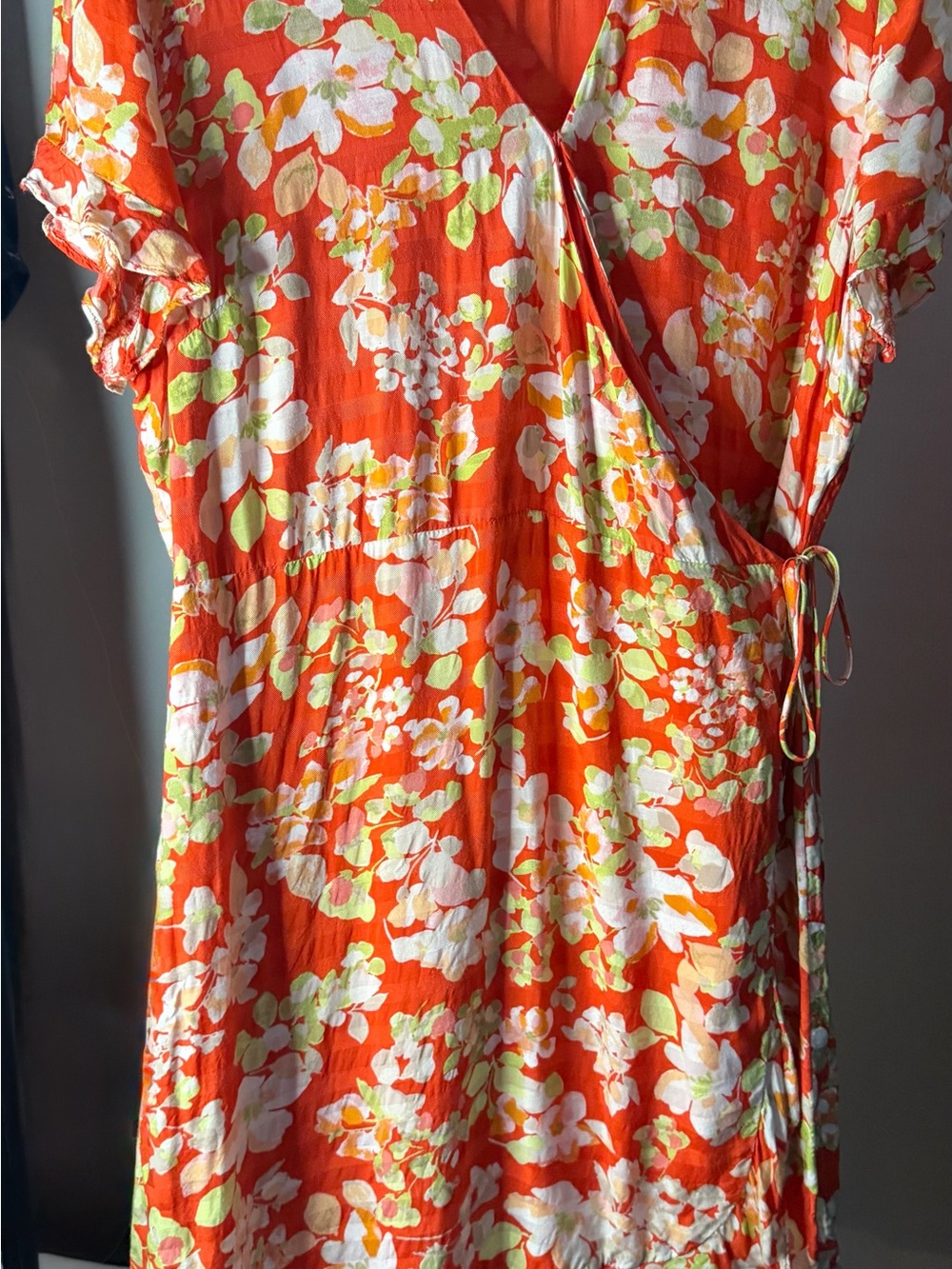 J. Jill Orange Floral Wrap Midi Dress with White & Lime Prints